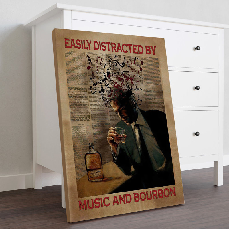 «Easily Distract By Music Bourbon», toile tendue tendue à la main - Illustration rouge, noire et brune