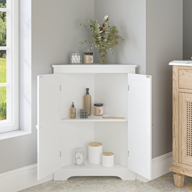 Floor Corner Cabinet With 2 Doors And Adjustable Shelves, Freestanding Narrow Cabinet Organizer, Corner Storage Cabinets