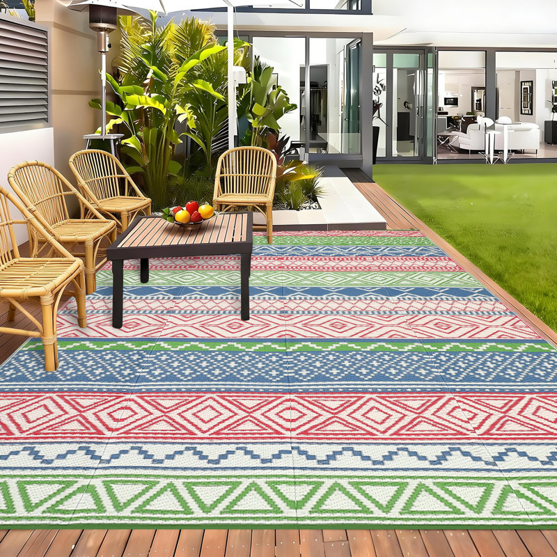 Outdoor Rug for Patio 9x18 Waterproof Reversible Mat Large Plastic Straw Rug Boho Foldable Camping Rugs Easy Clean Lightweight Patio Rugs for Porch Backyard Picnic Deck Beach, Green Blue