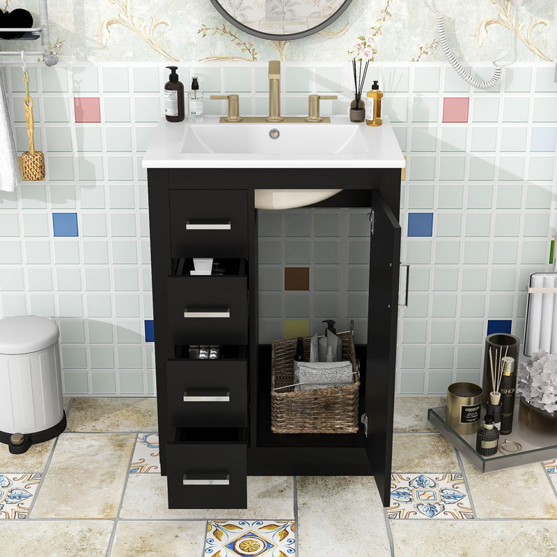 Meuble-lavabo autoportant contemporain avec lavabo en céramique, porte à fermeture en douceur et rangement spacieux, Black