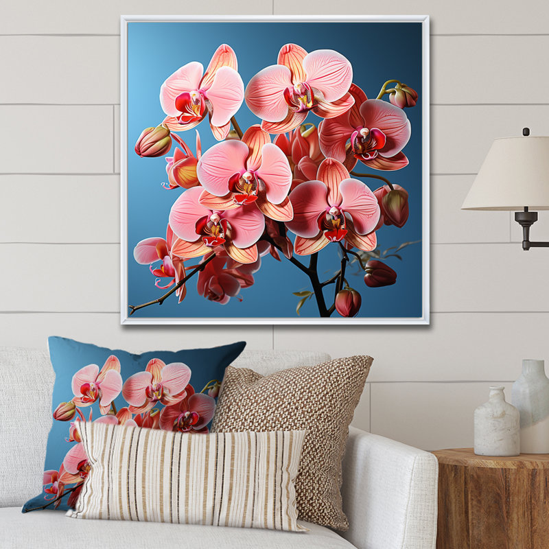 " Neon Pink Orchids Pop I ", White Picture Framed, 16" H x 16" W