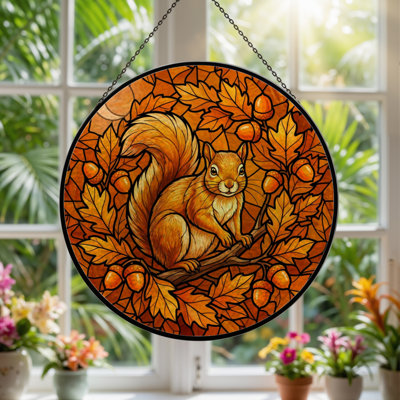 Squirrel Autumn Stained Glass Window Panel