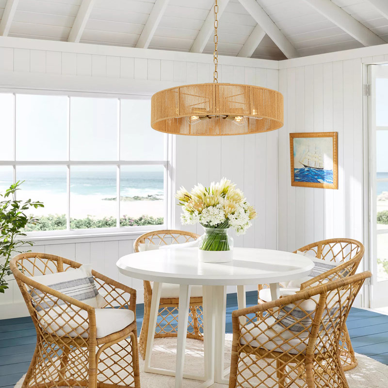 Luminaire suspendu tambour en corde de rotin naturel à 5 lumières 23,6 po Boho