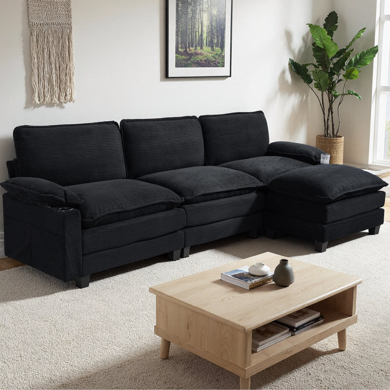 113" Modern L-Shaped Corduroy Sectional Sofa with Ottoman, 3+1 Seater Cloud Couch featuring 35D High-Resilience Sponge, Cup Holders & Storage Bags, Double-Layer Thick Cushion