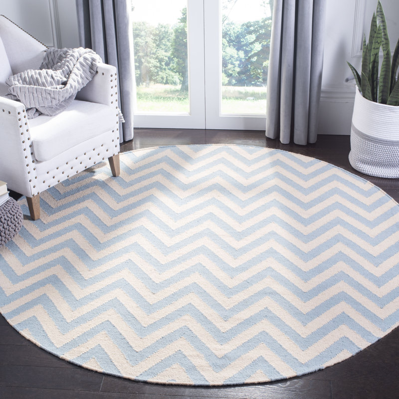Tapis bleu / ivoire en laine et coton tissé à la main Rodgers, Rond 8 pi