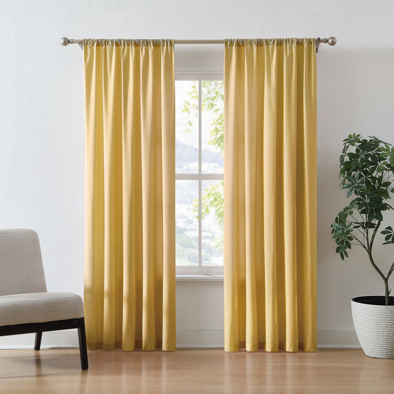 Ebern Designs Solid Cotton Percale Window Curtain Pair, Mustard Yellow, 50" W x 84" L