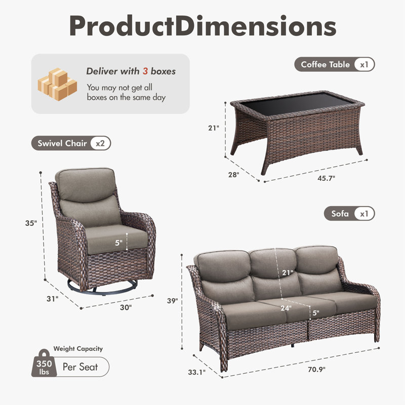 Ensemble de conversation de patio en osier tissé à la main pour 5 personnes avec chaises pivotantes, coussins en oléfine de 5 po