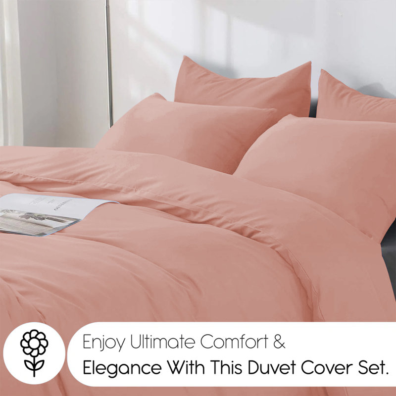 Edyson Microfiber Solid Colour Duvet Cover Set with Pillowcases, Peach, Super King - 2 Standard Pillowcases