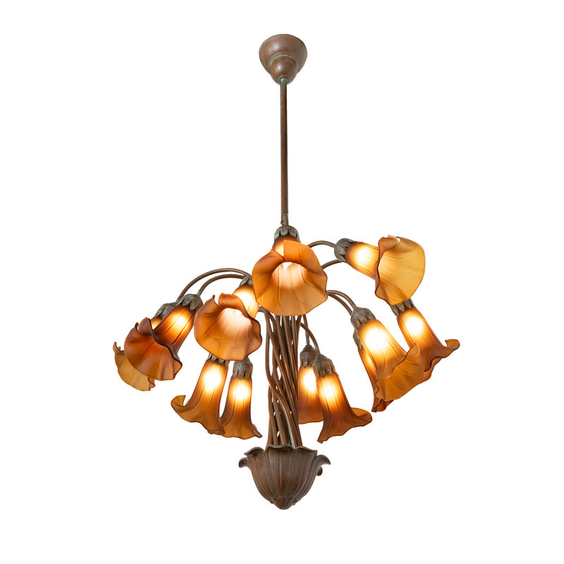 25" Wide Dark Amber Tiffany Pond Lily Bronze 12 Light Chandelier