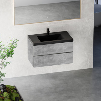 Meuble-lavabo flottant 36 po avec lavabo à comptoir en quartz noir avec tiroirs à fermeture en douceur, gris ciment, espace minimaliste moderne, faible absorption d'eau, assemblage rapide, armoires à finition résistante à l'eau