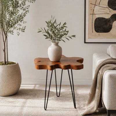 Table d'appoint 23,5 po x 19,5 po x 23,5 po en bois de teck récupéré brun avec motif à bord vif et pieds en épingle à cheveux noirs (imperfections uniques et biologiques)
