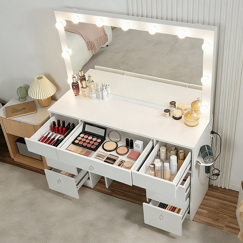 Bureau de coiffeuse avec miroir lumineux, 7 tiroirs, prise de courant, ports USB et tabouret