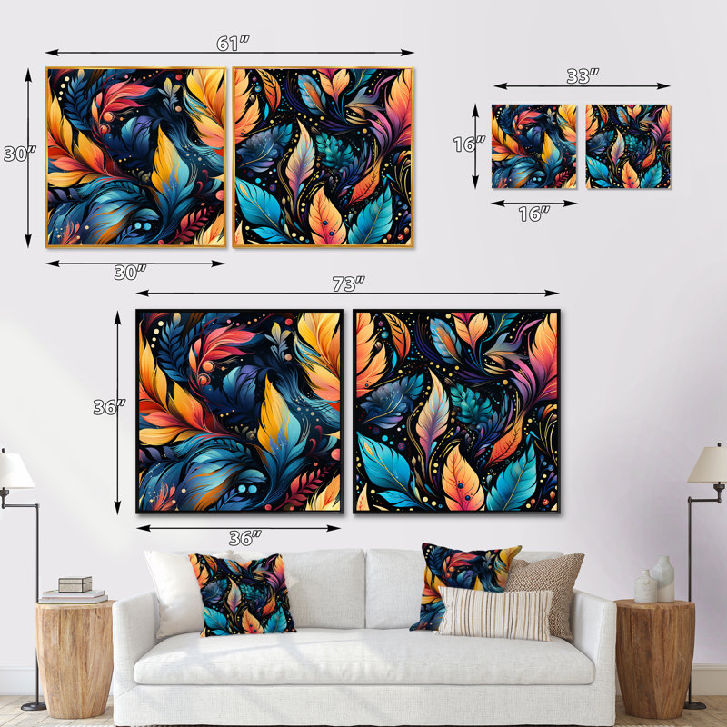 Motif de bohème artistique - ensemble de 2 collages carrés botaniques abstraits, Cadre flottant noir, H 16 po x l 33 po