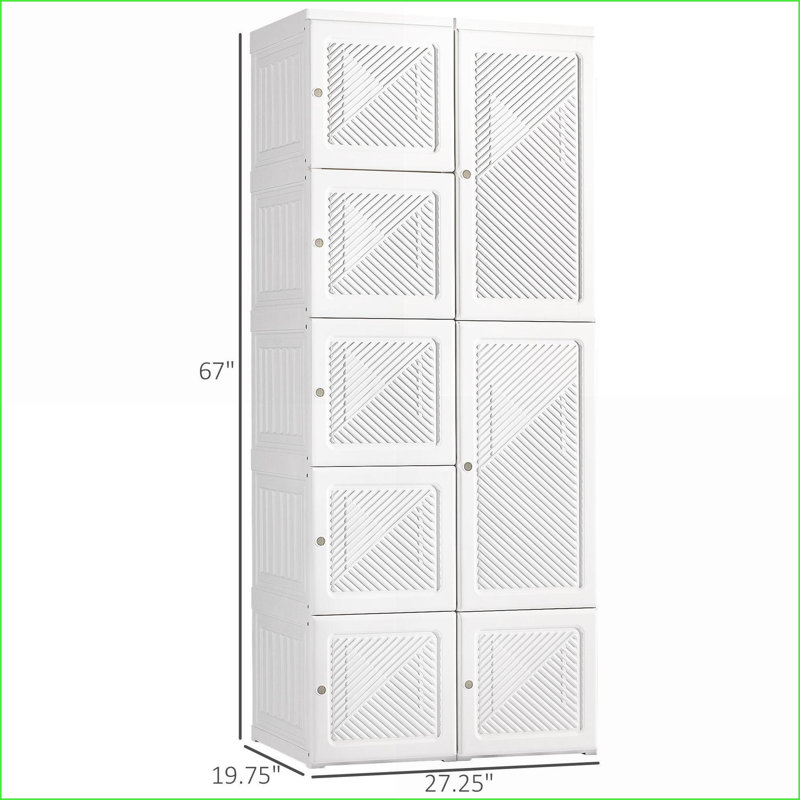 Garde-robe portable, pliante avec 8 cubes, tringle, portes magnétiques | Blanc ABS