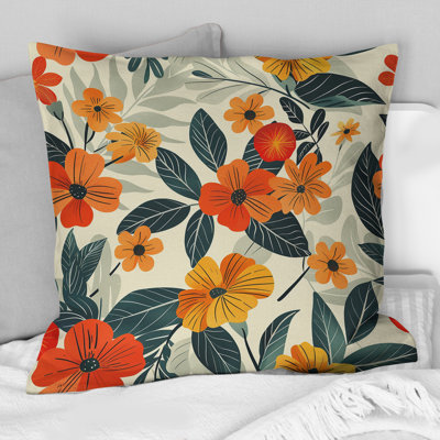 Coussin décoratif fleurs orange et vert Midcentury