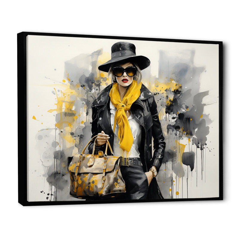 " Yellow And Grey Fashionistas Portrait I ", H 30 po x l 40 po, Cadre flottant noir