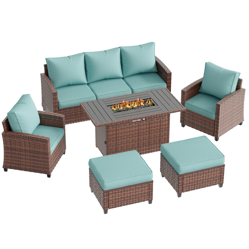 6-Piece Patio Furniture Set with Gas Fire Pit Table, PE Wicker Outdoor Conversation Set with 3-Seat Sofa, 2 Armchairs and Ottomans, Outdoor Patio Furniture for Backyard & Porch