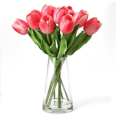 Tulipes artificielles de qualité supérieure - 10 tiges de tulipes en soie artificielle réalistes avec tiges pliables et vase en verre, décor à la maison prêt pour la présentation, le mariage