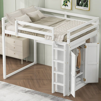 Full Size Wood Loft Bed with Built-in Wardrobe &amp; Storage Shelves, No Box Spring Needed, Stable &amp; Safe