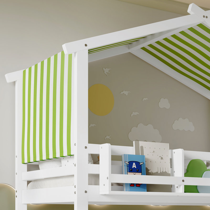 White & Green Canopy Bunk Bed With Bookcase Guardrail - Space-saving Loft Bed For Teens