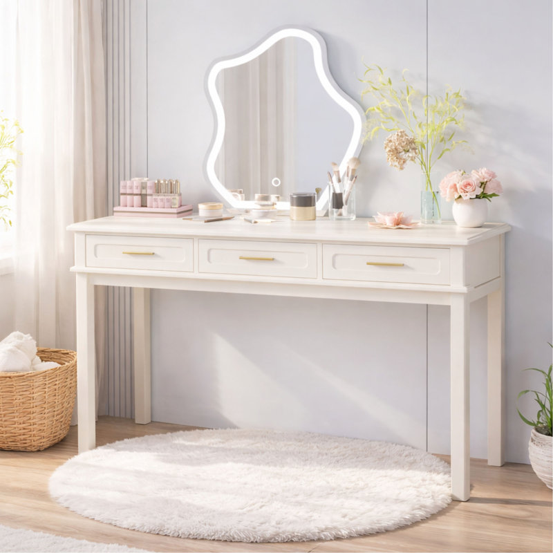 Bureau de coiffeuse blanc crème avec 3 tiroirs, table de maquillage ou bureau moderne, coiffeuse polyvalente pour la chambre à coucher, pas de miroir inclus