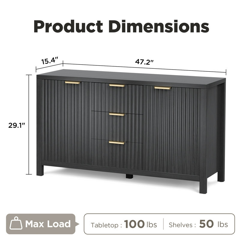 Sideboard Storage Cabinet, Fluted Credenza Buffet Cabinet With Two Doors And Three Drawers For Kitchen And Living Room, Black