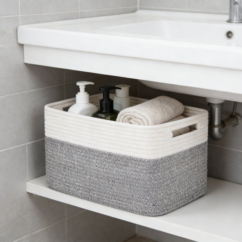 Set Of 4 Cotton Rope Storage Baskets With Handles, 13X9x7.8 Inch Woven Shelf Organizer, Grey & White, Gray/White