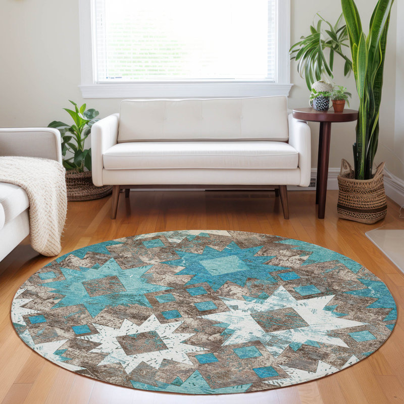 Machine Washable Indoor/Outdoor Xhevrie Teal Rug, Round 8' x 8'