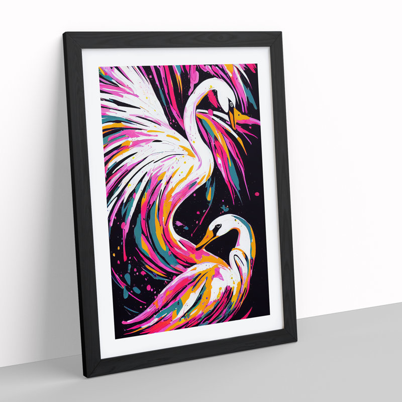 Two Swans In Colour Abstract - Wall Art, Black Picture Frame, 66cm H x 48cm W, White