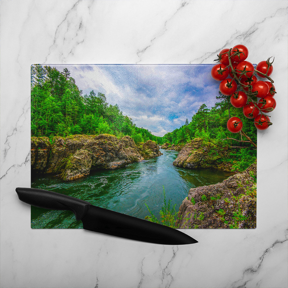 River in mountain forest landscape Designer Glass Chopping Board