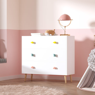 Commode enfant, meuble de rangement en bois à 3 tiroirs avec panneaux colorés et jolies poignées, meuble de rangement avec pieds en bois massif pour chambre d'enfant