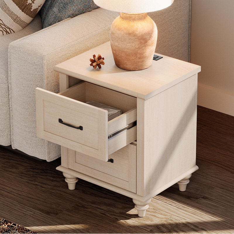 Nightstands With Charging Station, Side Table With Two Drawers, Beige, Individual