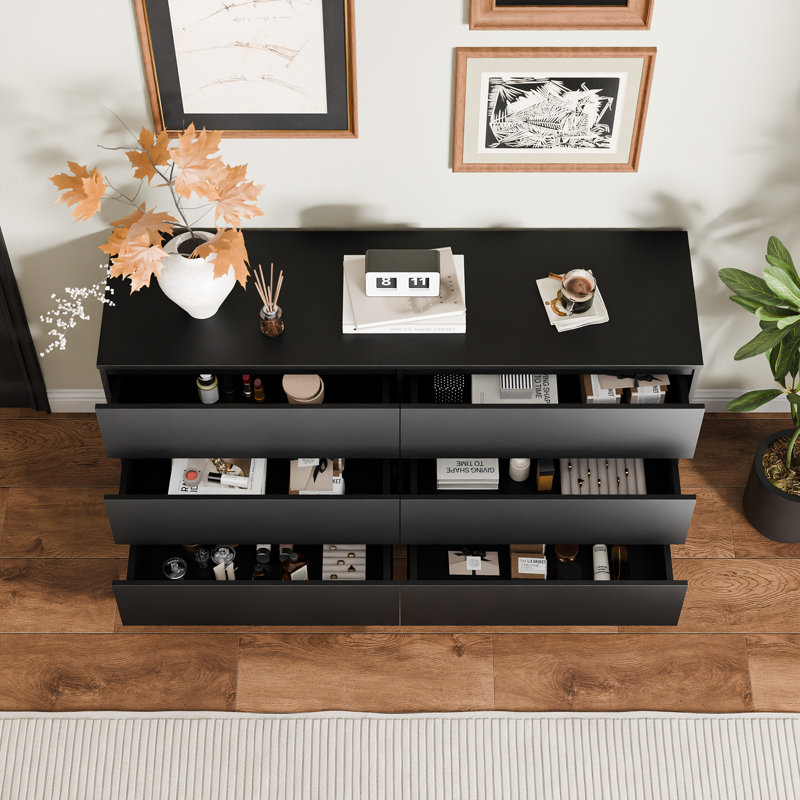 Parleen 52" W 6 Drawer Black Dresser - Wood Bedroom Dresser, Double Dresser for Bedroom , Black