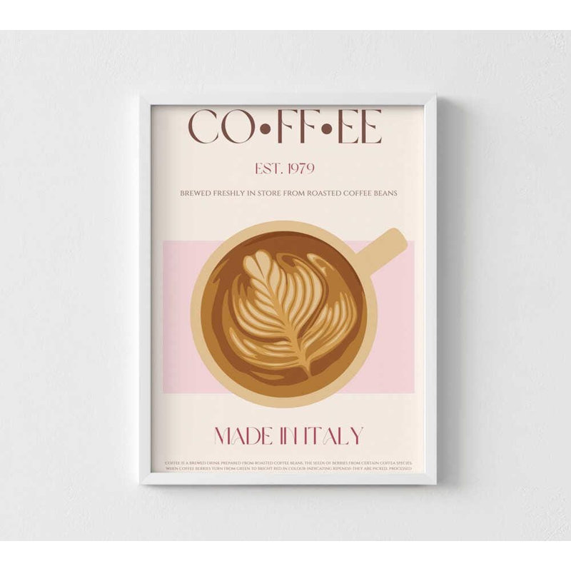 Impression de café italien: Illustration de café au lait, H 40 po x l 30 po, Impression encadrée sans passe-partout, Blanc