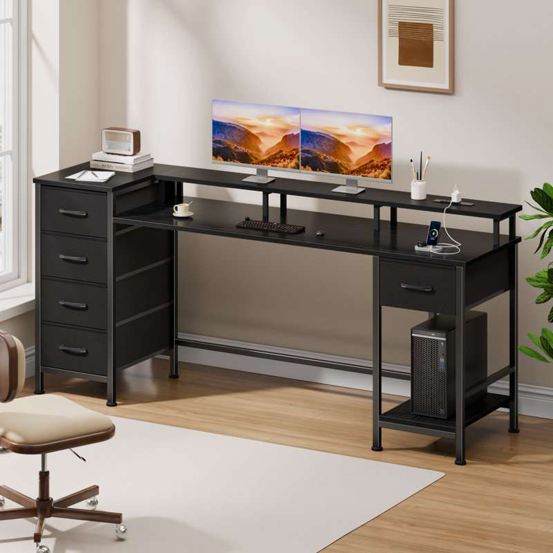 Computer Desk with Monitor Stand & Charging Station, Gaming Desk with LED Lights & Drawers, 29.8" H x 61" W x 18.8" D, Black