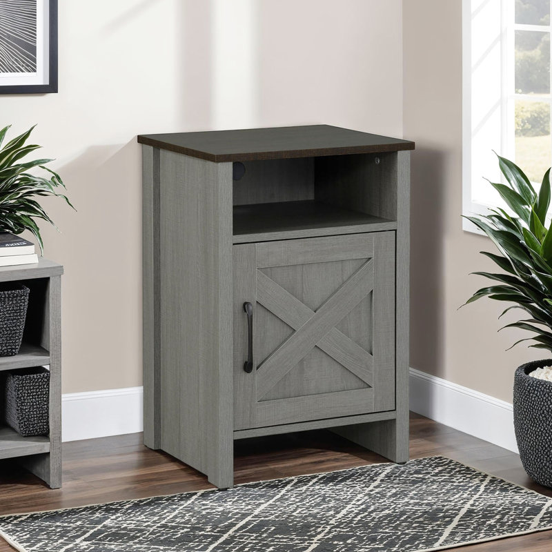 Table d'appoint rustique 1pc avec motif bicolore brun et gris, poignée en métal, sur tiroir, 14 profondeurs, 16 largeurs, 23 hauteurs, pour un espace de vie principal au fini, pouces de tiroir larges, profonds, hauts, zone appropriée