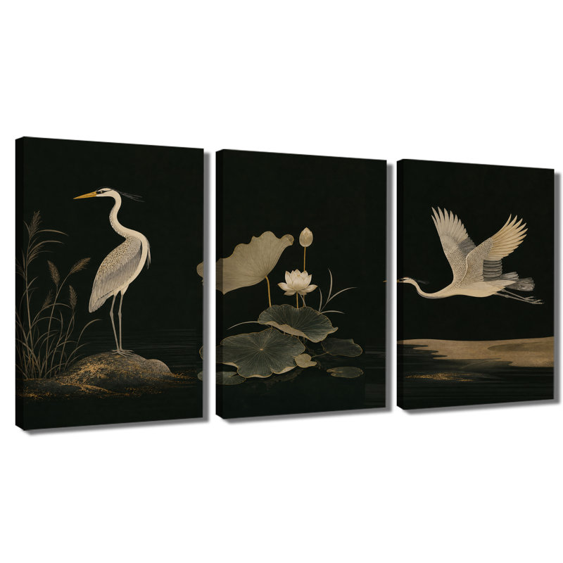 3 panneaux muraux sur toile fond héron lotus chinois traditionnel oriental peinture murale, 12 * 18 pouces * 3