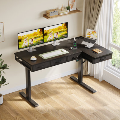 Bureau électrique debout avec 4 tiroirs sous le bureau, bureau réglable en hauteur avec prises de courant intégrées, bureau debout avec structure réversible, bureau personnel avec plateau caché pour la gestion des câbles
