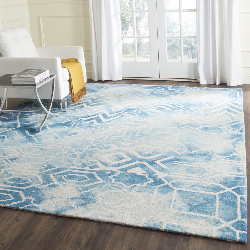 Dip Dye Hand Tufted Wool/Cotton Geometric Rug in Ivory/Blue, Rectangle 8' x 10'