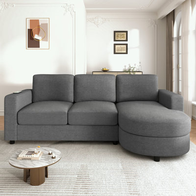 L-shaped Sofa with a Curved Chaise Lounge, USB Ports and Side Storage Pockets