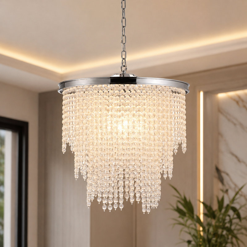 Lustre moderne à 5 lumières avec cascade de cristaux et intensité variable