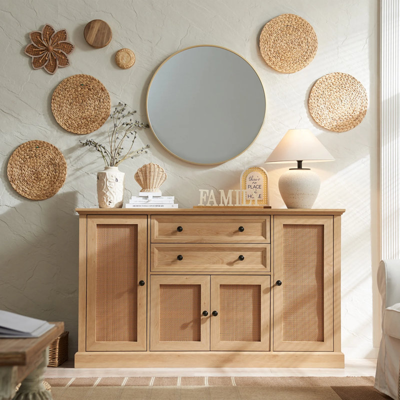 Niyah 58"  Buffet Cabinet with Storage, Sideboard Buffets Cabinet with 4  Doors and 2 Drawers, Natural Rattan