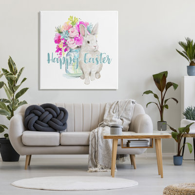 Joyeuses Pâques, calligraphie de lapin, bouquet de fleurs roses, estampe numérique encadrée de Jennifer Wambach