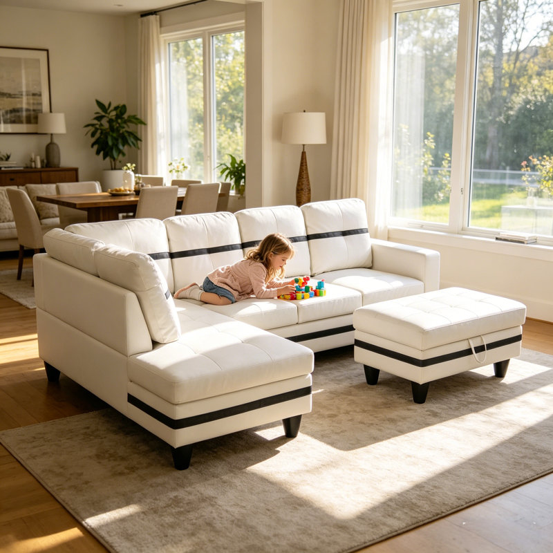 Rilan 103.5'' Faux Leather Sofa & Chaise, White Faux Leather, Right Hand Facing