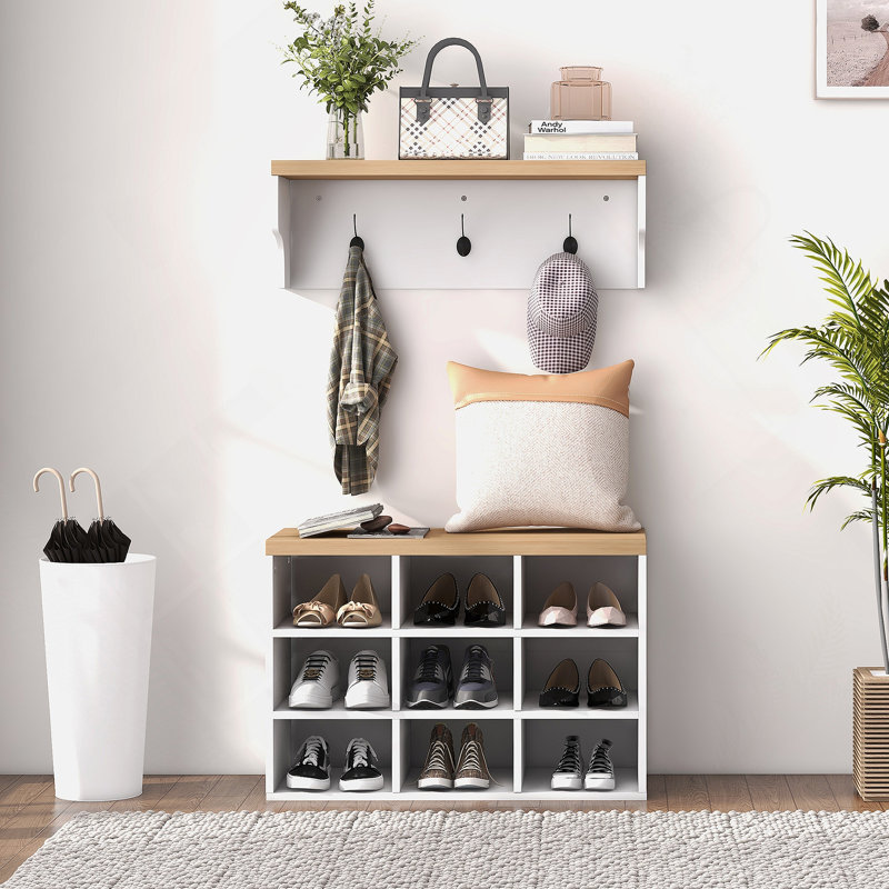 2-In-1 Coat Rack Shoe Bench Set, 9 Pair Shoe Storage Cabinet Rack