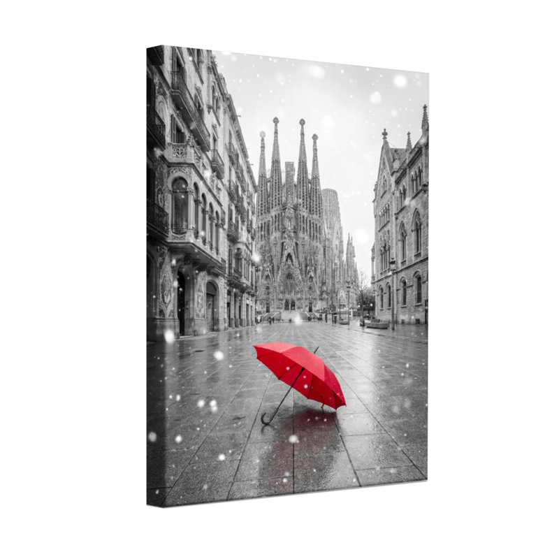 Scène et paysage urbain parapluie rouge dans un paysage urbain enneigé avec cathédrale, H 30 po x l 20 po