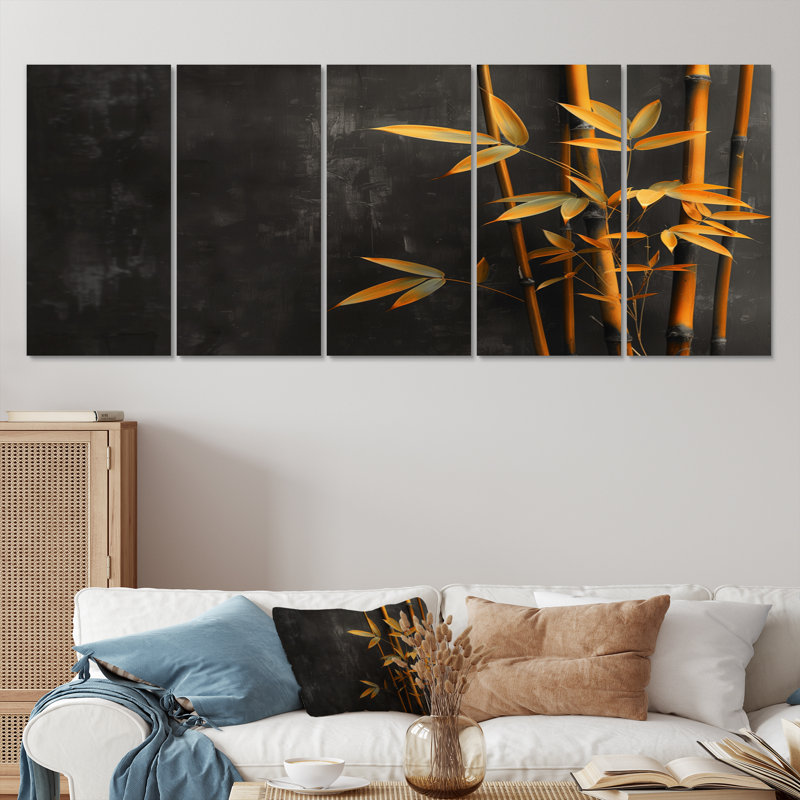 Jaune, jaune, charme rustique, bambou, ensemble d'art mural sur toile de bambou, H 32 po x l 80 po