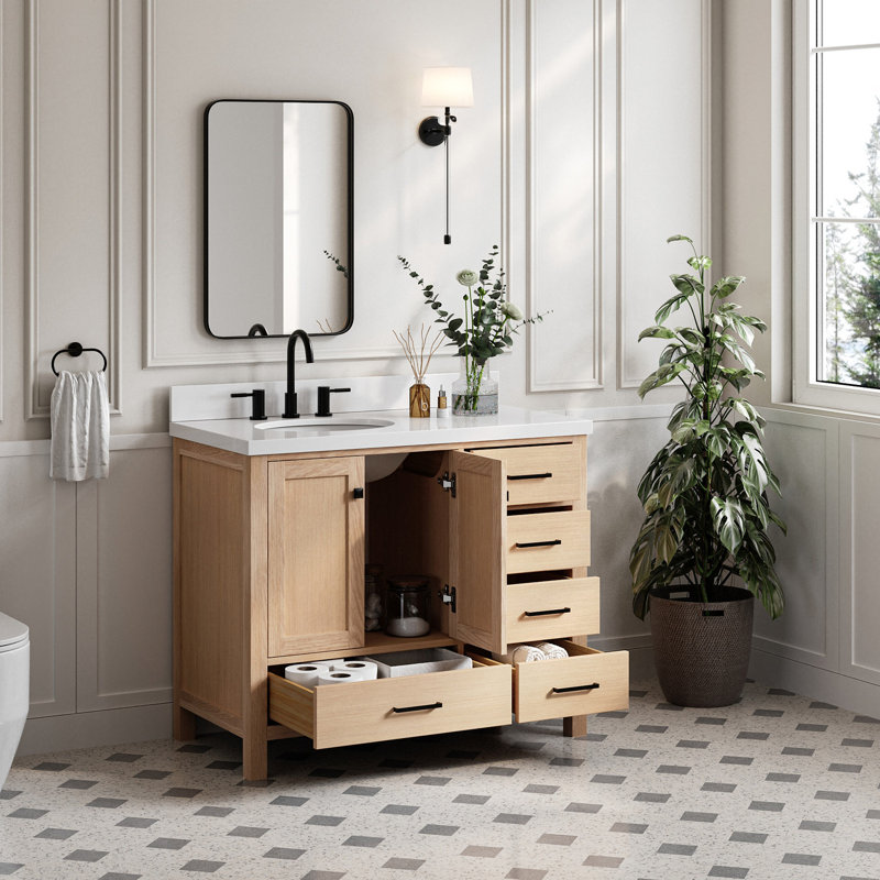 Cambridge 43'' Single Bathroom Vanity with White Quartz Top, Oak