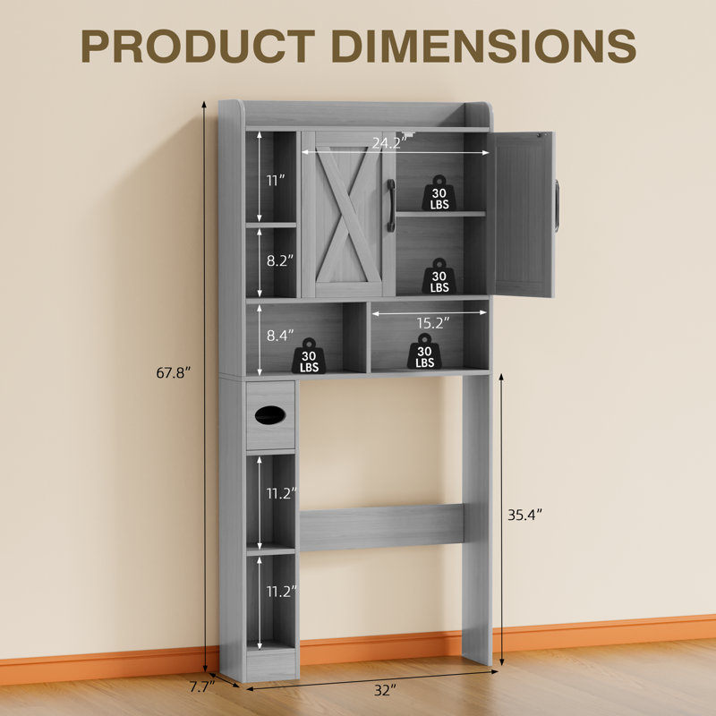 32'' W  Freestanding Over The Toilet Storage with Height Adjustable Shelf, Gray