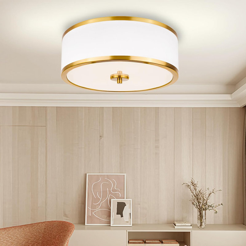 3-Light Flush Mount Ceiling Light Fixture 12.6" Drum Light With White Fabric Shade Modern Close To Ceiling Light(Brushed Gold)